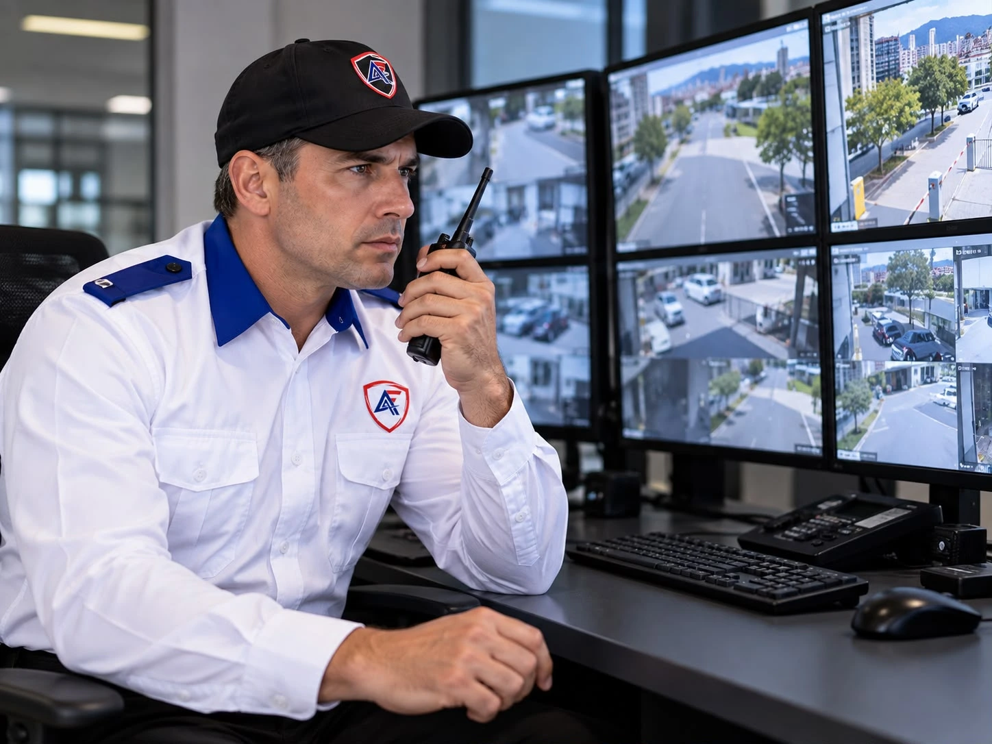Oficial de ALPA FORCE coordinando por radio frente a las cámaras de la central de monitoreo